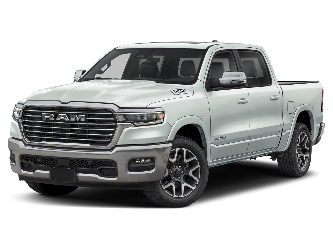 2026 RAM Ram 1500 RAM 1500 LARAMIE CREW CAB 4X4 5'7' BOX in Ivory White Tri-Coat Pearl-Coat Exterior Paint — front three-quarter view